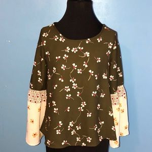 Sienna Sky brown and cream bell sleeve blouse S
